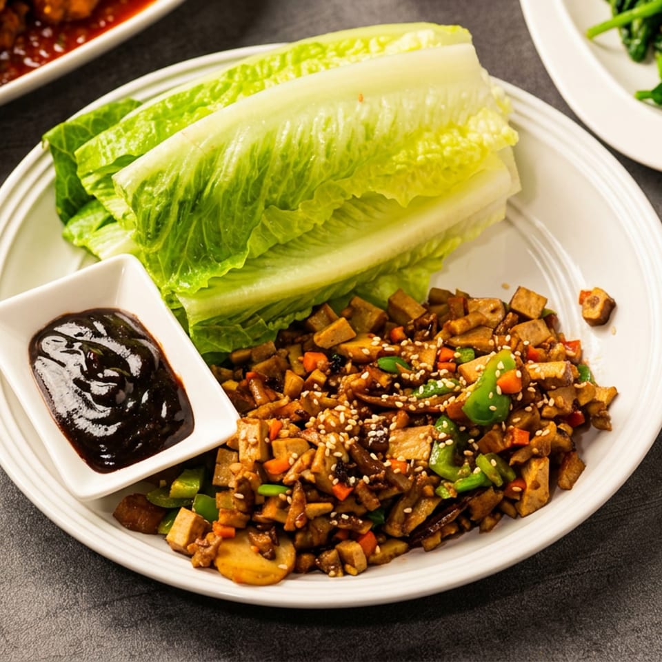 Plate of stir-fried vegetables and tofu with sesame seeds, lettuce leaves, and dark dipping sauce.