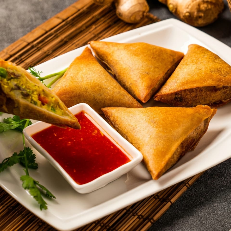 Golden fried vegetable samosas served with red dipping sauce and cilantro, while one samosa is held above the plate.
