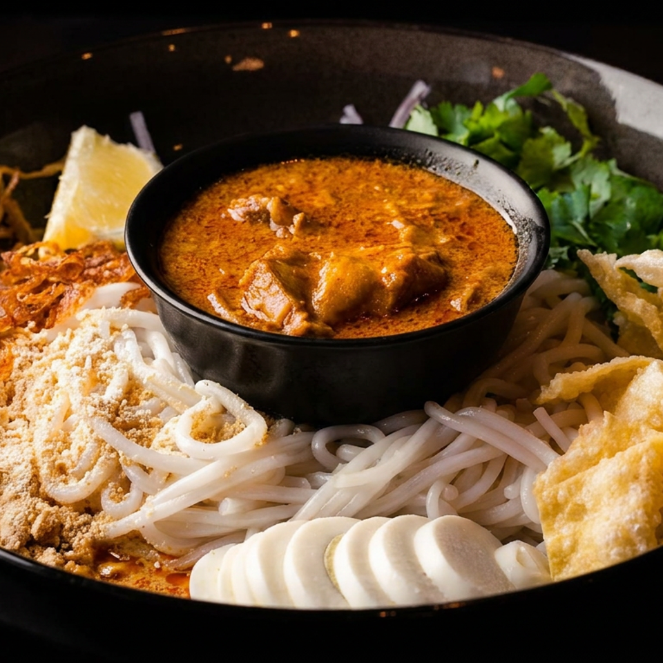 Black bowl of noodles, vegetables, fried toppings, and sliced fish cake surrounding a bowl of rich orange curry broth.