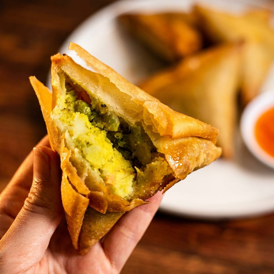 Hand holds a crispy triangular pastry filled with vegetables, beside dipping sauce and more pastries on a white plate.