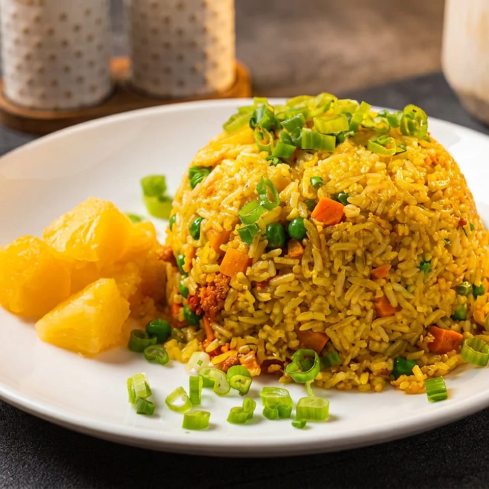 Golden vegetable fried rice topped with scallions, served with orange wedges on a white plate.