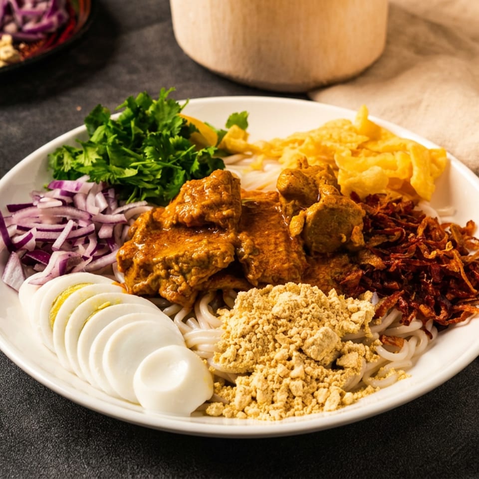 Plate of noodles topped with curry, sliced egg, red onion, cilantro, crispy fried noodles, and crushed peanuts.