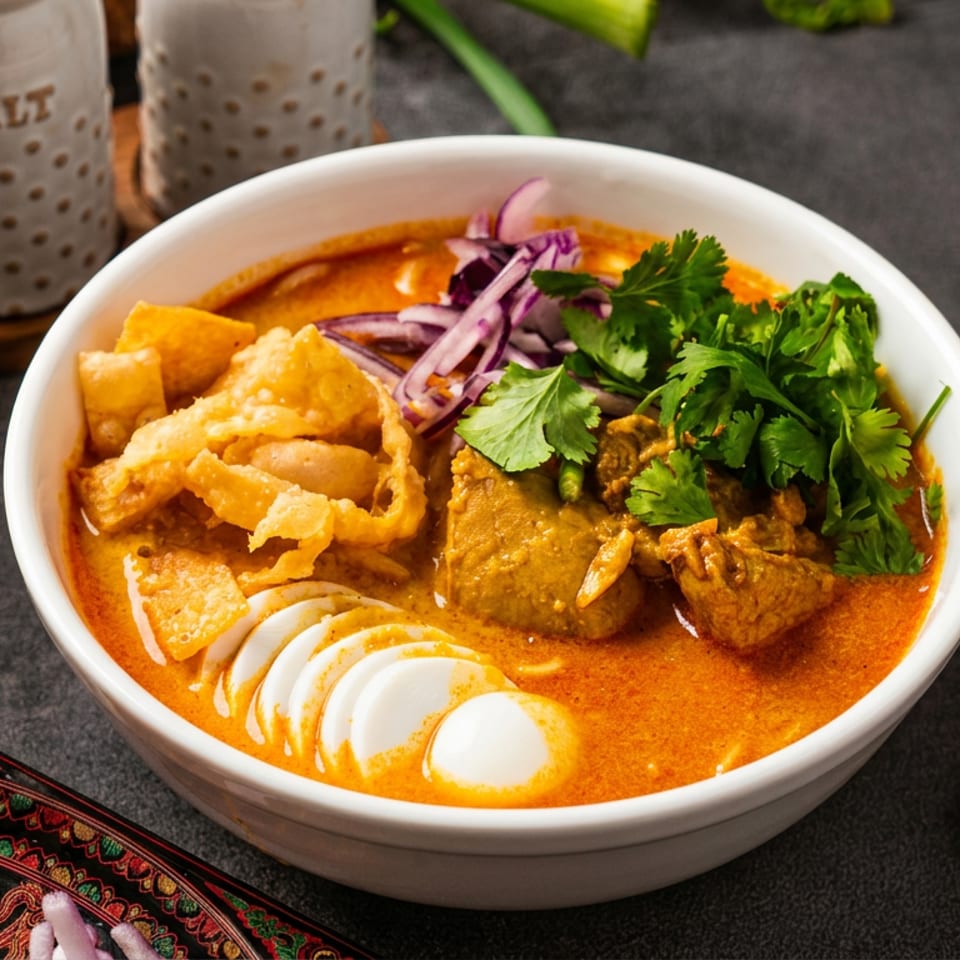 Bowl of spicy noodle soup topped with fried wontons, sliced egg, braised meat, red cabbage, and fresh cilantro.