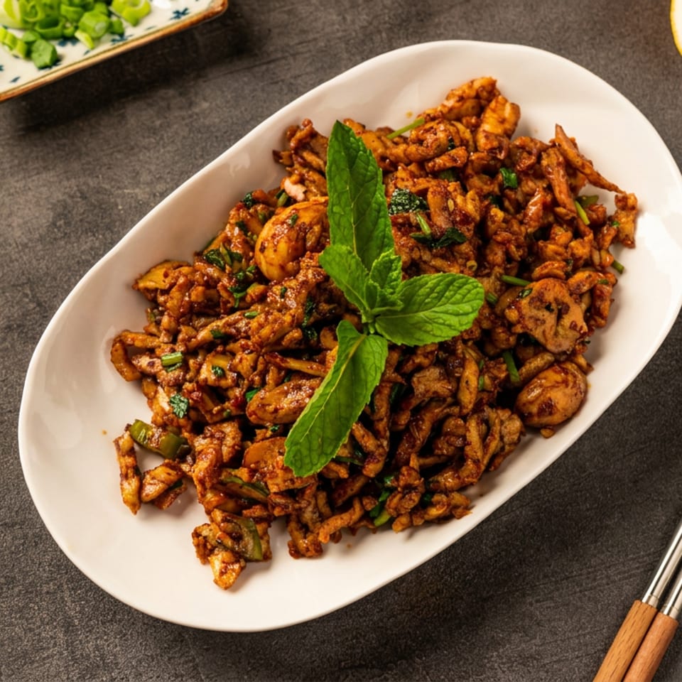 Spiced stir-fried mushrooms and vegetables garnished with fresh mint on a white platter, accompanied by lemon wedges and chopsticks.
