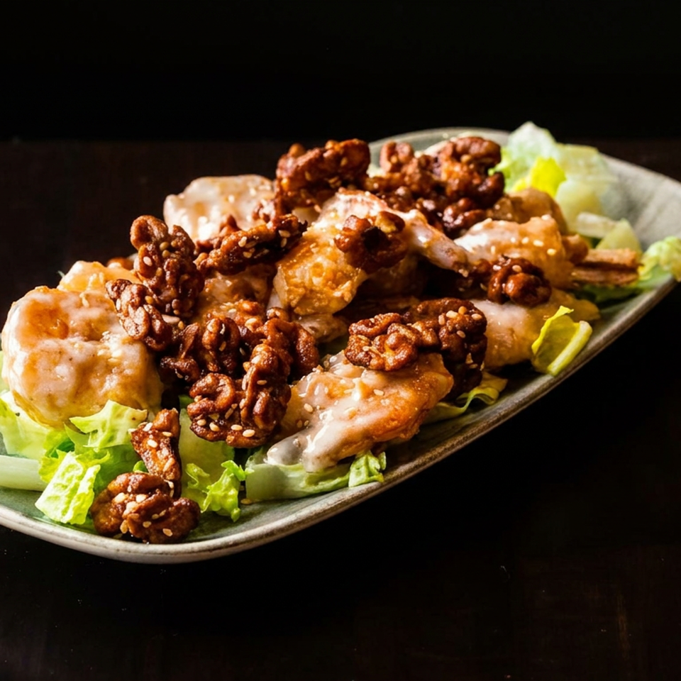 Glazed chicken wings topped with crunchy sesame-coated pieces, served over fresh lettuce on an oval plate.