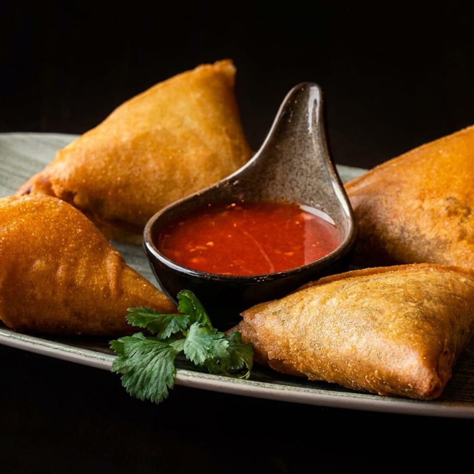 Four golden fried samosas surround a bowl of red dipping sauce on a dark ceramic platter, garnished with cilantro.