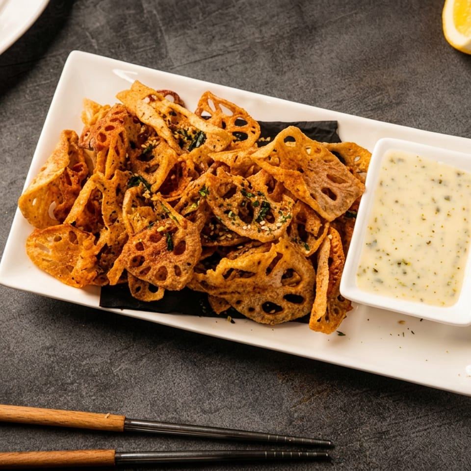 Crispy lotus root chips served with creamy herb dip on a white platter, alongside chopsticks and lemon wedges.