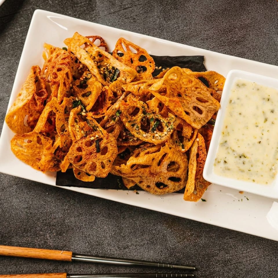 Crispy lotus root chips served on a white platter with creamy herb dipping sauce and chopsticks.
