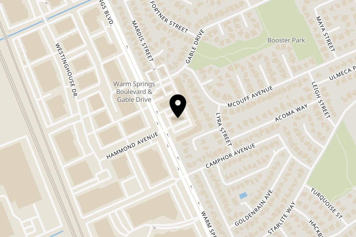 Map showing the location of Burma Bay Cafe on 47966 Warm Springs Blvd in Fremont